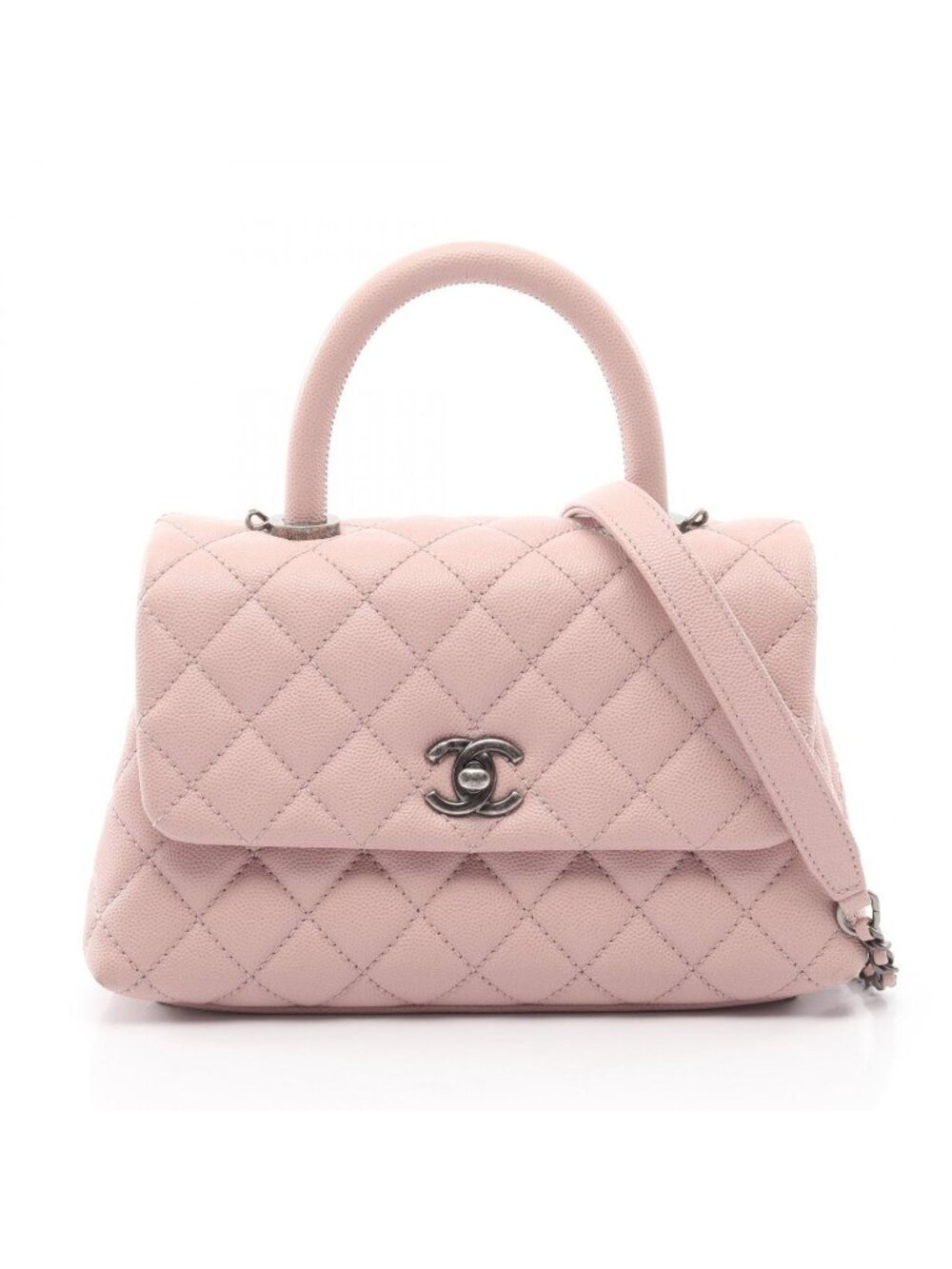 Chanel Handbag Coco Handle Flap Quilted Antique Silver 2-Way Light Pink Caviar